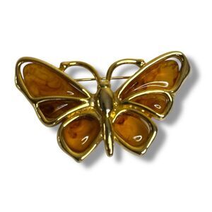 Vintage Butterfly Pin Brooch Goldtone Amber Costume Jewelry 2.5" X 1.5"